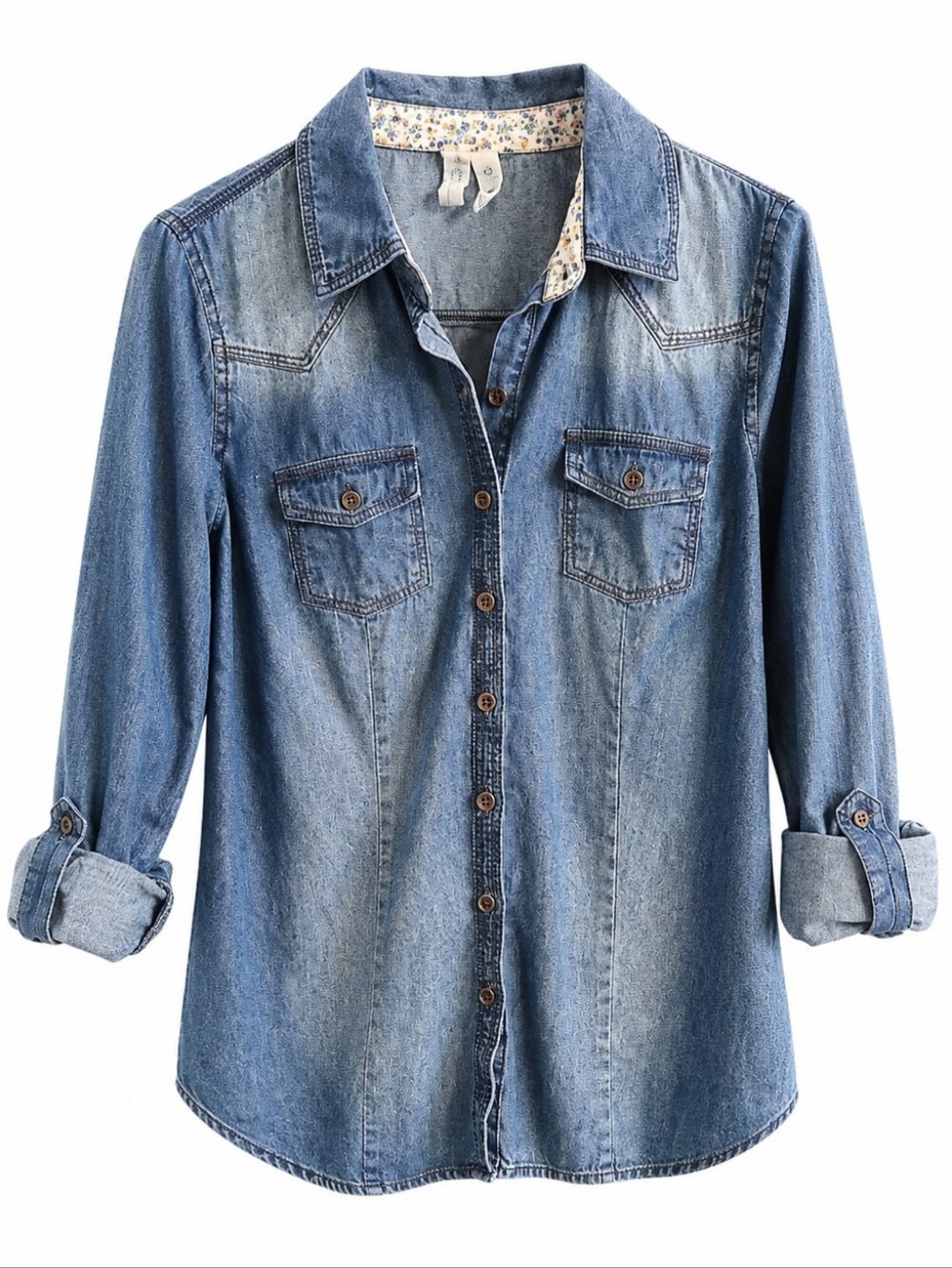 Girl Krazy Women's Shirt Floral Lined Denim Button Up Adjustable Sleeve Sz S EUC